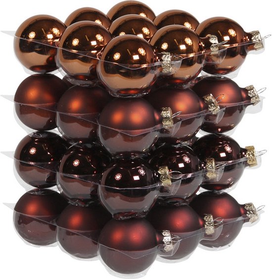 Un emballage de 72 boules de Noël marron acajou en verre, 4 cm, mat et brillant.