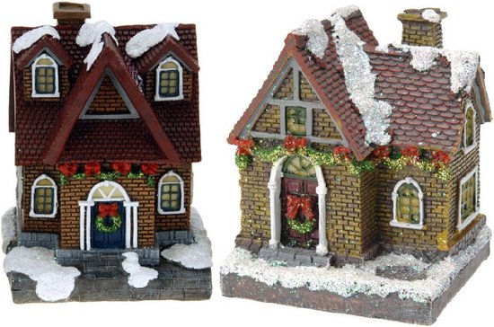 2x Kersthuisjes/kerstdorpje met verlichting 13 cm - Kerstdorpen maken accessoires