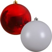 2x stuks grote kerstballen van 20 cm glans van kunststof wit en rood - Kerstversiering