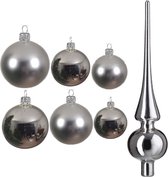 Groot pakket glazen kerstballen zilver glans/mat 50x stuks - 4-6-8 cm incl piek glans 26 cm