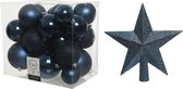 Kerstversiering kunststof kerstballen donkerblauw 6-8-10 cm pakket van 27x stuks - Met kunststof ster piek van 19 cm
