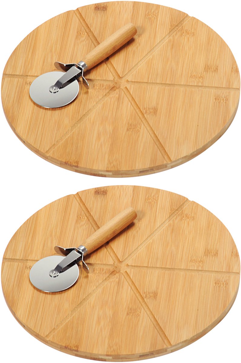 Kesper Pizza serveerplank met pizzasnijder - 2x - bamboe/hout - 32 cm - rond