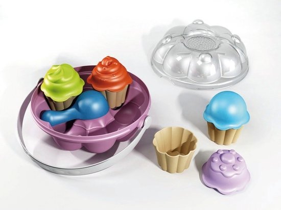 T&F Creations Speelset cupcake zandvormen in emmer - plastic - kinderen - zandbak speelgoed - strandspeeltjes