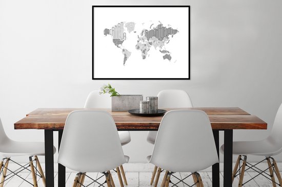 Affiche avec cadre Wereldkaart - Lettres - Grijs - 80x60 cm