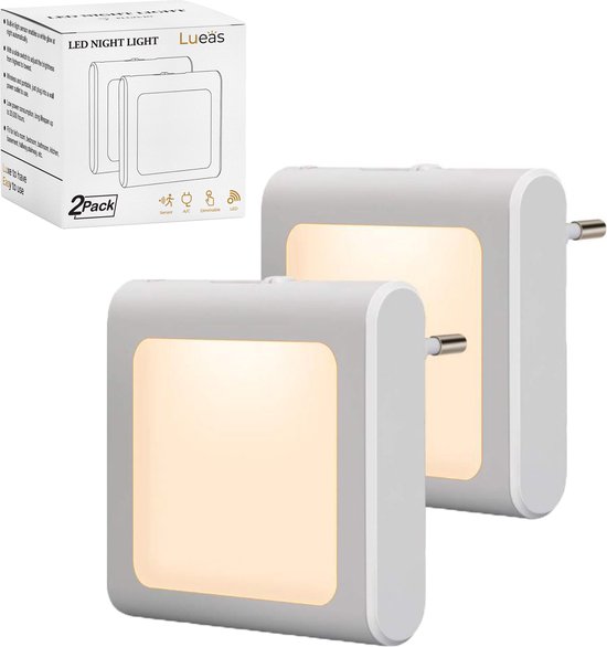 Lueas® - 2 x veilleuse LED plug-in/prise - veilleuse avec capteur jour/nuit - lampe LED plug-in - Veilleuse - lumière chaude - dimmable - Pour la chambre de bébé/enfant