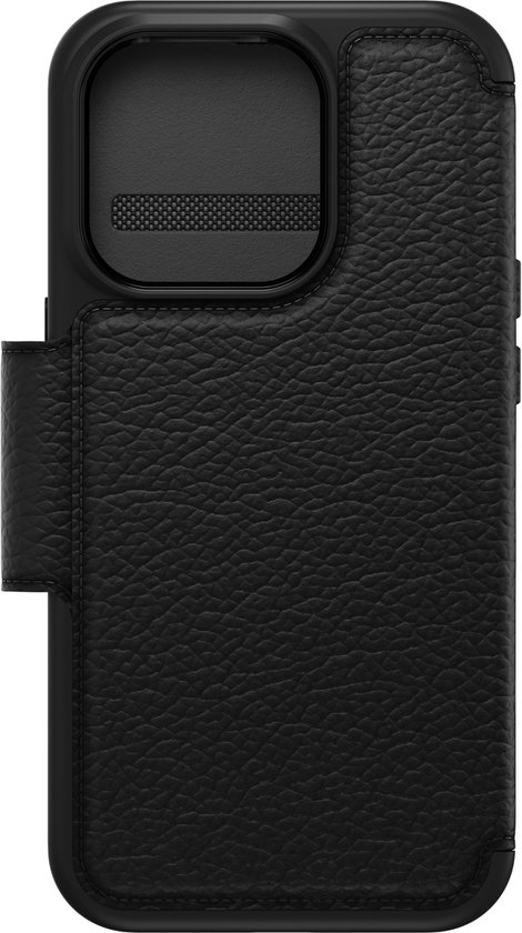 Zwart OtterBox Strada bookcase met leren textuur, gesloten, met gesp en camera-uitsparing.