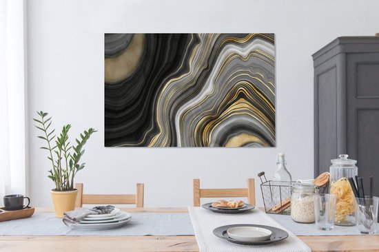 Toile Peinture Marbre - Pierre - Agate - Noir et Or - 140x90 cm - Décoration murale