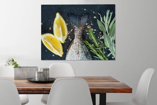 Tableau sur toile Poisson - Citroen - Herbes - 80x60 cm - Décoration murale