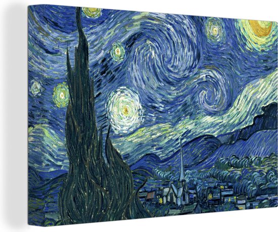Canvas - Schilderij Sterrennacht - Schilderij - Oude meesters - Vincent van Gogh - 120x80 cm - Wanddecoratie - Woonkamer
