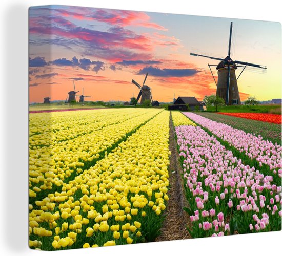 Canvas Schilderij Windmolen - Tulpen - Bloemen - Nederland - Wanddecoratie