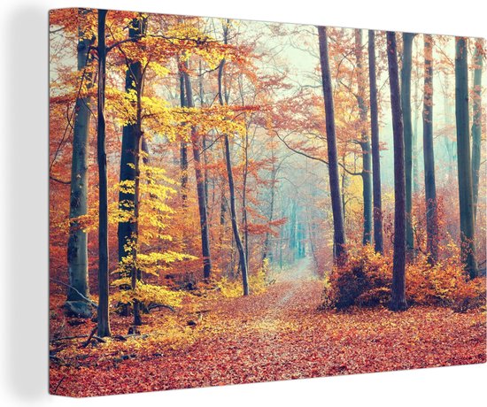 Toile Peinture Forêt - Automne - Feuilles - 120x80 cm - Décoration murale