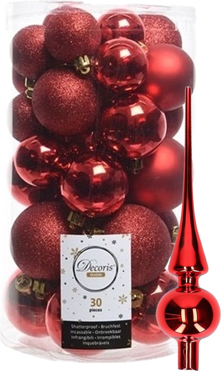 Decoris kerstballen 30x stuks - rood 4/5/6 cm kunststof mat/glans/glitter mix en shiny glas piek 26 cm