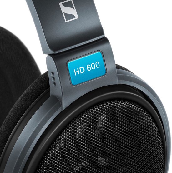Detail van de Sennheiser HD 600 koptelefoon, met een blauw "HD 600" label op de grijze hoofdband.