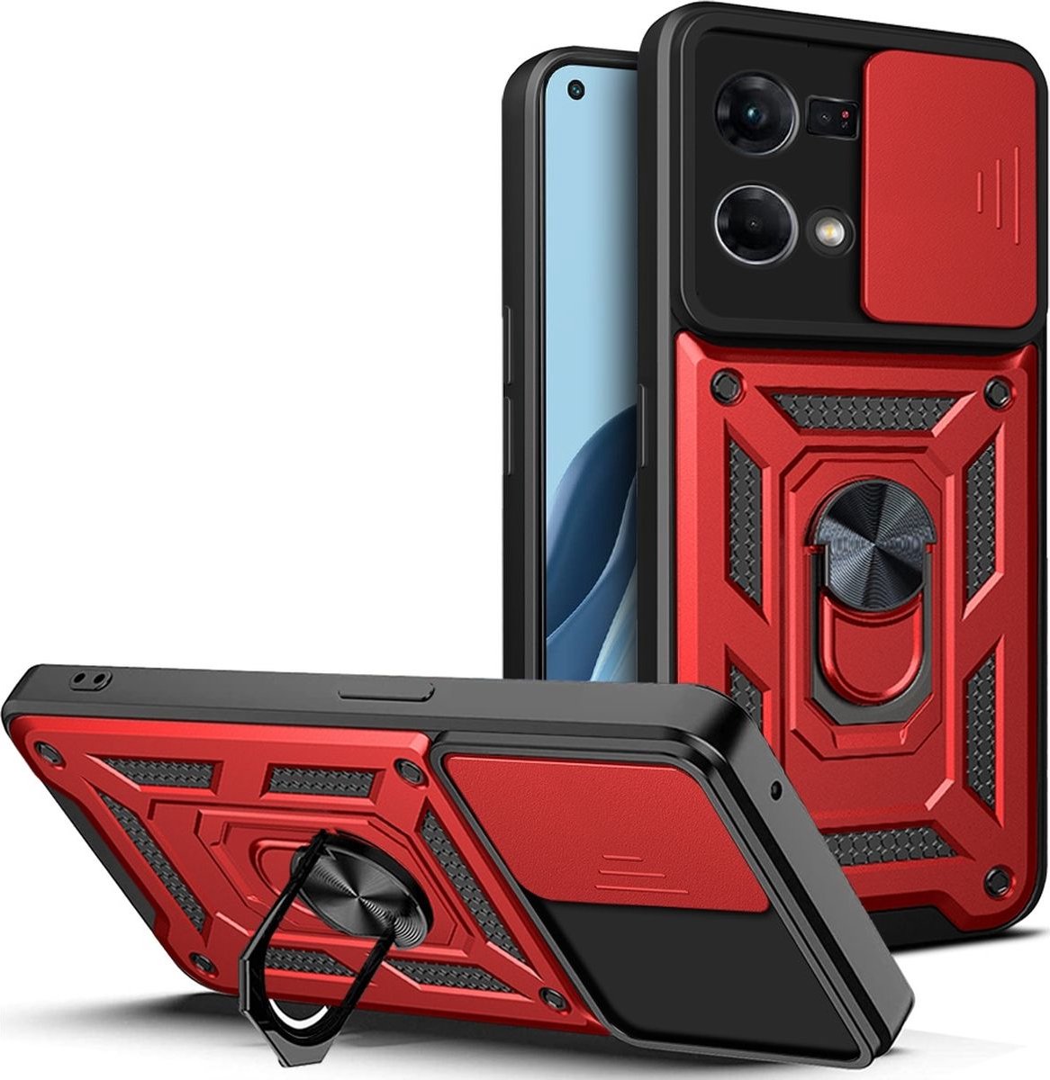 Mobigear Hoesje geschikt voor OPPO Reno 7 4G Telefoonhoesje Hardcase | Mobigear Armor Ring Cam Slide Backcover Shockproof met Ringhouder en Camera Slider | Schokbestendig Reno 7 4G Telefoonhoesje | Anti Shock Proof - Rood