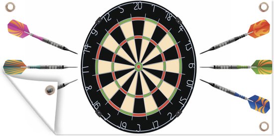 Schuttingposter Een illustratie van een dartbord en zes pijlen - 200x100 cm - Tuindoek