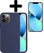 Hoesje Geschikt voor iPhone 14 Pro Hoesje Siliconen Case Hoes Met Screenprotector - Hoes Geschikt voor iPhone 14 Pro Hoes Cover Case - Donkerblauw