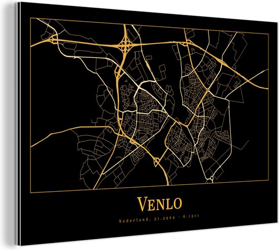 Décoration murale Métal - Peinture Aluminium Industrielle - Carte - Venlo - Luxe - Or - Zwart - 120x80 cm - Dibond - Photo sur aluminium - Décoration murale industrielle - Pour le salon / chambre