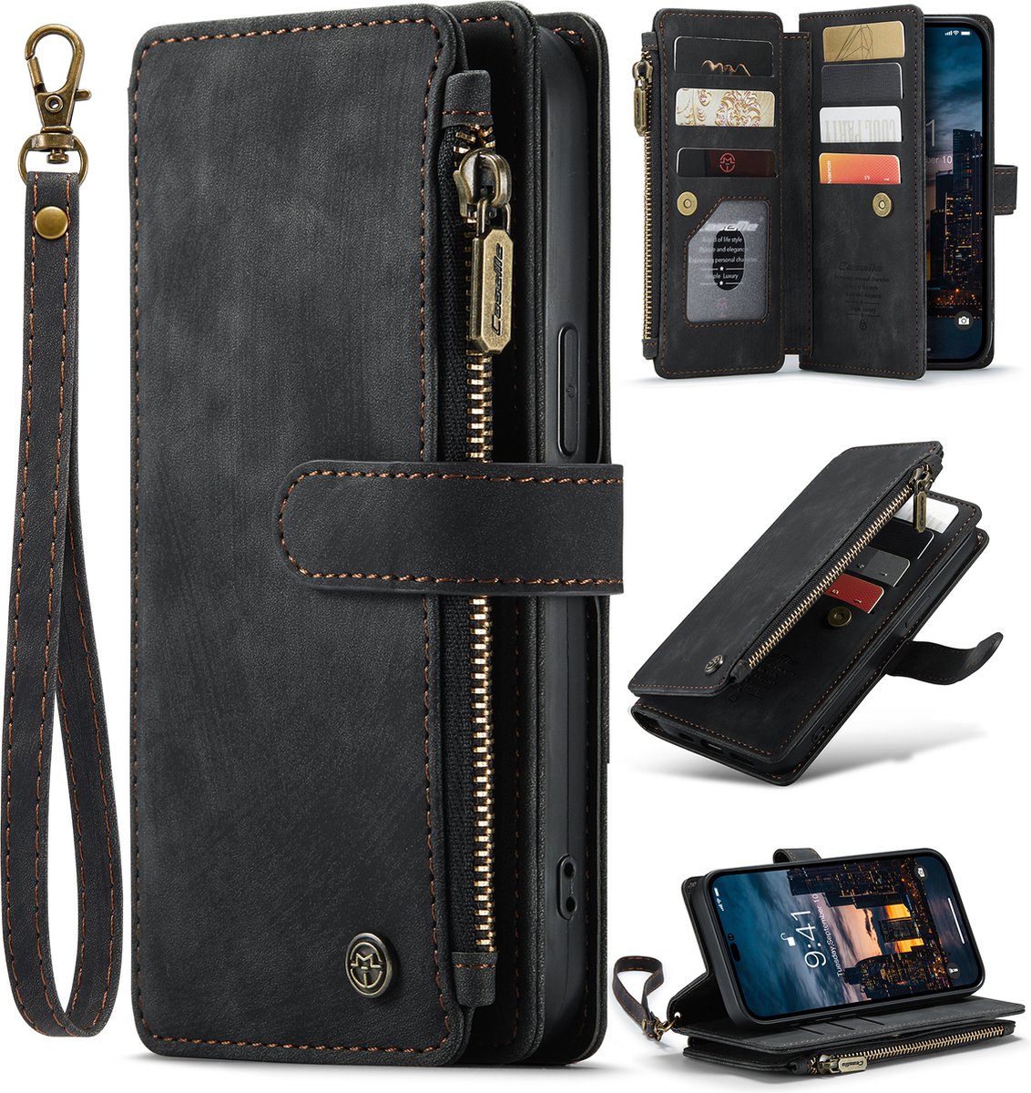 CaseMe - Telefoonhoesje geschikt voor Apple iPhone 14 Pro Max - Wallet Book Case met ritssluiting - Magneetsluiting - Zwart