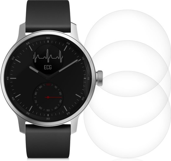 Zwarte smartwatch met ECG-display en zwarte band. De wijzerplaat heeft witte markeringen en een ECG-grafiek.