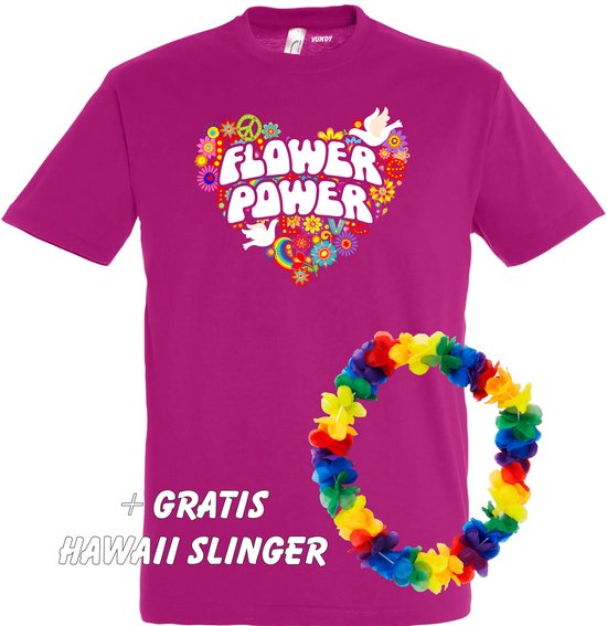 T-shirt Flower Power Hart | Love for all | Gay pride | Regenboog LHBTI | Fuchsia | maat 4XL