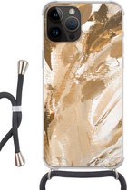 Geschikt voorApple Iphone 14 Pro Max - Crossbody Case - Verf - Goud - Beige - Siliconen - Crossbody - Backcover met Koord - Telefoonhoesje met koord - Hoesje met touw