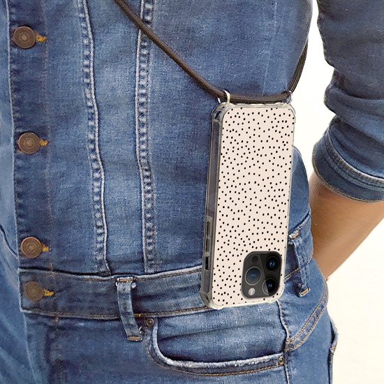 Cordon de téléphone - Chaîne de téléphone - Étui de téléphone Convient pour Apple Iphone 14 Pro - Dot - Beige - Zwart - Siliconen - Bandoulière - Étui de téléphone avec cordon Étui de téléphone