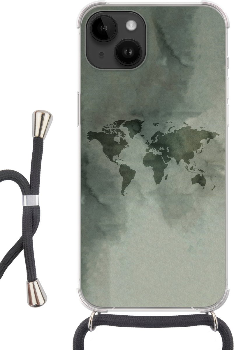 Telefoonhoesje Geschikt voor Apple Iphone 14 - Wereldkaart - Groen - Grijs - Siliconen - Crossbody - Backcover met Koord - Telefoonhoesje met koord - Hoesje met touw Telefoonhoesje