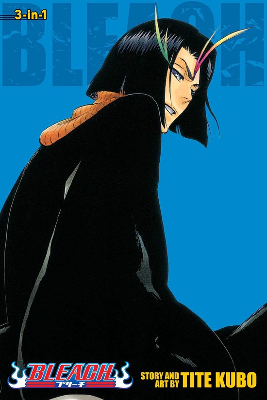 La couverture de l'édition 3-en-1 de Bleach 13 montre un personnage d'anime aux cheveux noirs, portant une cape noire et une écharpe orange sur un fond bleu.