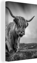 Canvas - Schotse hooglander - Natuur - Koe - Zwart wit - Schilderijen woonkamer - Canvas schilderij - Canvas doek - 60x90 cm - Muurdecoratie