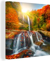 Canvas schilderij - Herfst - Waterval - Canvas schilderijen natuur - Zon - Canvas bos - Schilderijen woonkamer - Wanddecoratie - 50x50 cm