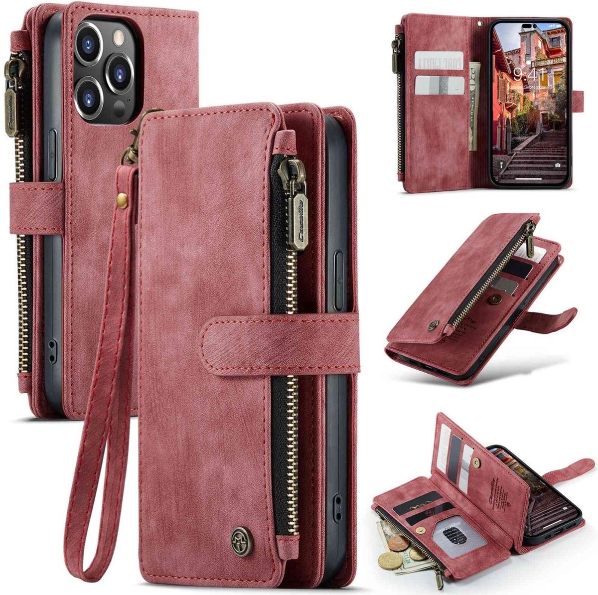 Caseme - Geschikt voor iPhone 14 Pro - Vintage 2 in 1 portemonnee hoes - Rood
