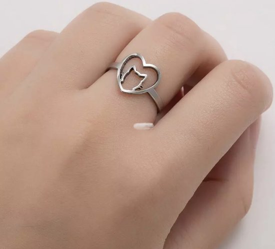 GoedeDoelen.Shop | Ring Cat Love Silver | RVS Ring | Zilverkleurige Ring | In Maat Verstelbaar | Unisex Ring | Katten Ring | Poezen Ring | Kattenliefde | Poezenliefde | Cat Love | Dierenliefde | Cat Man | Cat Lady | Wellness-House