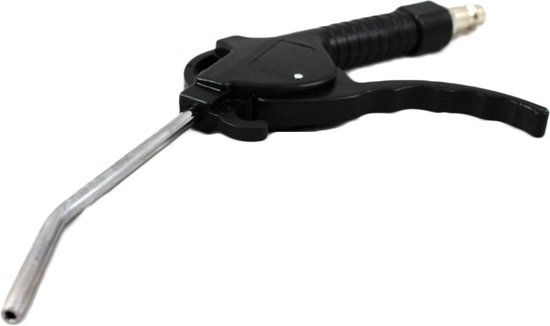 Zwart blaaspistool met gebogen zilveren verlengstuk en trigger.