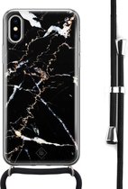 Casimoda® hoesje met koord - Geschikt voor iPhone Xs - Marmer Zwart - Afneembaar koord - Siliconen/TPU - Zwart