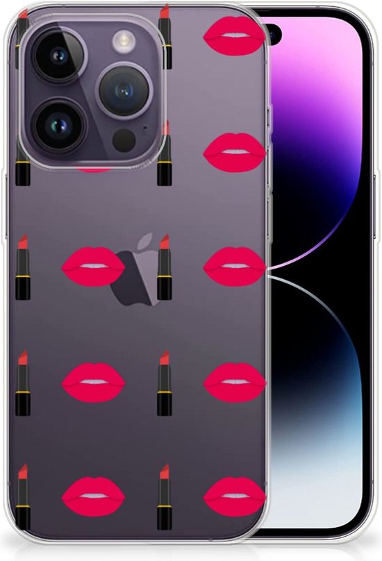 Telefoon Hoesje Geschikt voor iPhone 14 Pro Silicone Hoesje Doorzichtig Lipstick Kiss