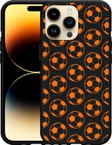 Geschikt voor Apple iPhone 14 Pro Max Hoesje Zwart Orange Soccer Balls - Designed by Cazy