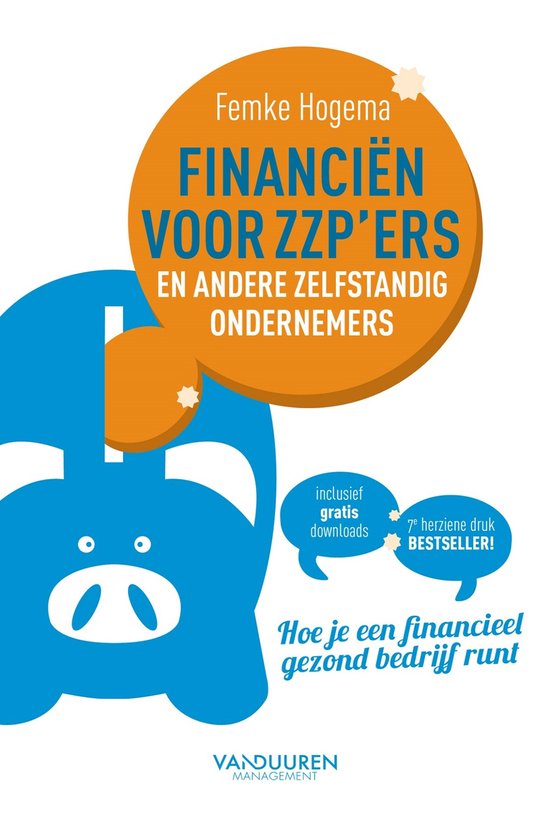Boek 'Financiën voor zzp'ers' met blauw varkentje en oranje cirkel