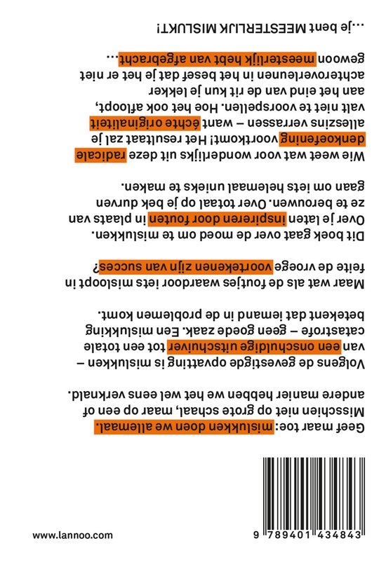 Achterkant van een boek met tekst in het Nederlands, deels oranje gekleurd. ISBN nummer en Lannoo website onderaan.