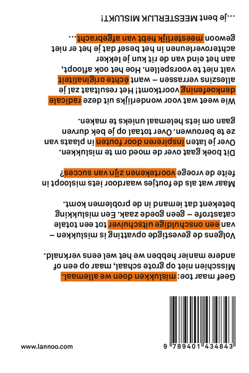 Achterkant van een boek met tekst in het Nederlands, deels oranje gekleurd. ISBN nummer en Lannoo website onderaan.