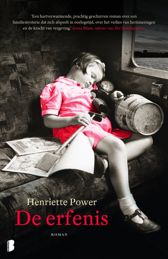 Couverture du livre 'De erfenis' par Henriëtte Power, avec une fille en robe rouge dans un train.