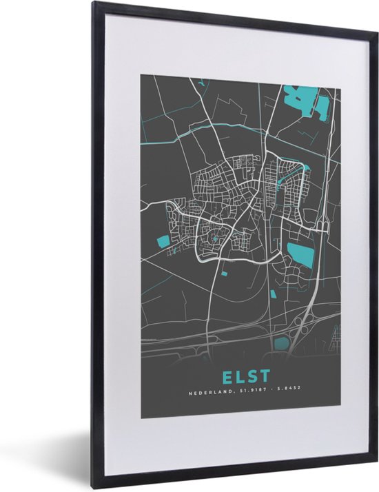 Fotolijst incl. Poster - Elst - Plattegrond - Kaart - Stadskaart - 40x60 cm - Posterlijst