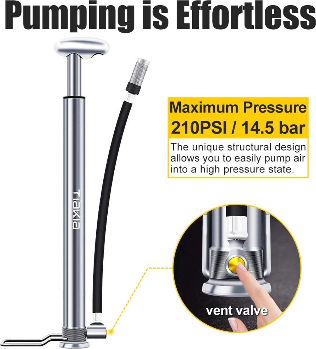 Pompe à Vélo Tiakia – Sur Pied, Haute Pression 220 Psi, Manomètre, Aluminium, Compacte, Pour Presta/Schrader/Dunlop – Route Et VTT