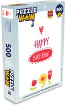 Puzzel Illustratie met de quote "Happy birthday" en bloemen - Legpuzzel - Puzzel 500 stukjes