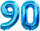 Folie Ballon Cijfer 90 Jaar Blauw Verjaardag Versiering Helium Cijfer Ballonnen Feest versiering Met Rietje - 86Cm