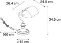 Dessin technique d'une lampe de banquier noire avec dimensions : cordon 160 cm, base 15 cm de diamètre, 26.4 cm de profondeur, 24.5 cm de largeur, 34.5 cm de hauteur.