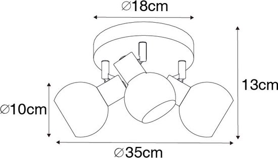 Technische tekening van een zwarte plafondlamp met 3 spots. Diameter totaal 35cm, hoogte 13cm. Diameter spots 10cm.