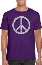 Paars Flower Power t-shirt zilveren glitter peace teken heren - Sixties/jaren 60 kleding L