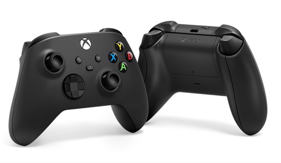 Twee zwarte Xbox controllers, één van voren met gekleurde knoppen, één van achteren.