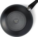 Onderkant van een zwarte wokpan met een rond anti-slippatroon en merklogo.