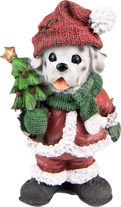 Clayre & Eef Beeld Hond 15 cm Rood Groen Polyresin Kerstdecoratie